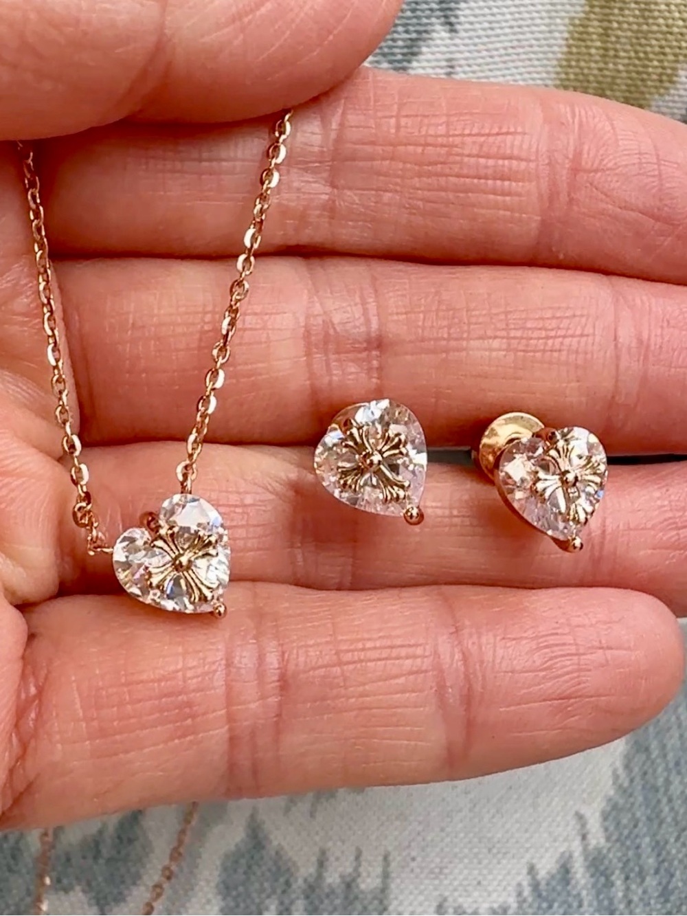 Rose Gold Heart Pendant Necklace & Stud Earrings Set